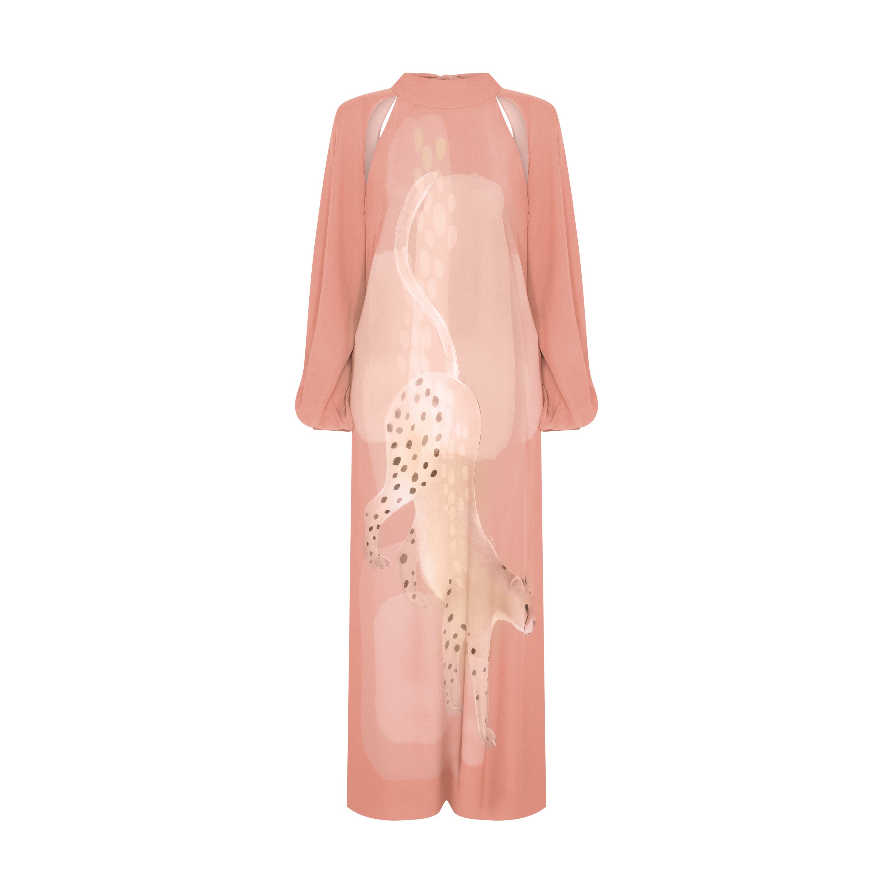 VESTIDO MANGA LONGA GEORGETTE GUEPARDO ROSA