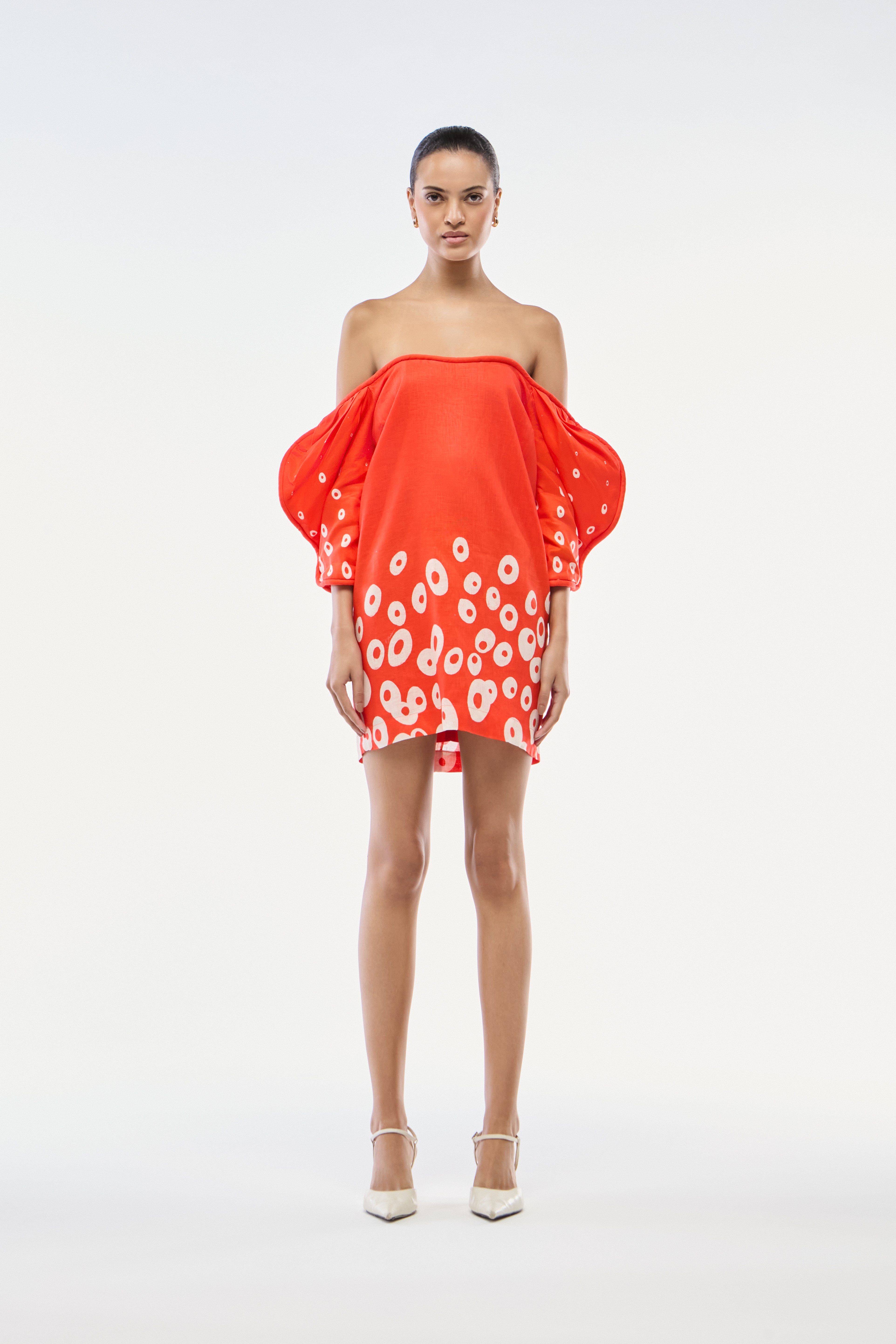 VESTIDO CURTO LINHO BOLHAS VERMELHO