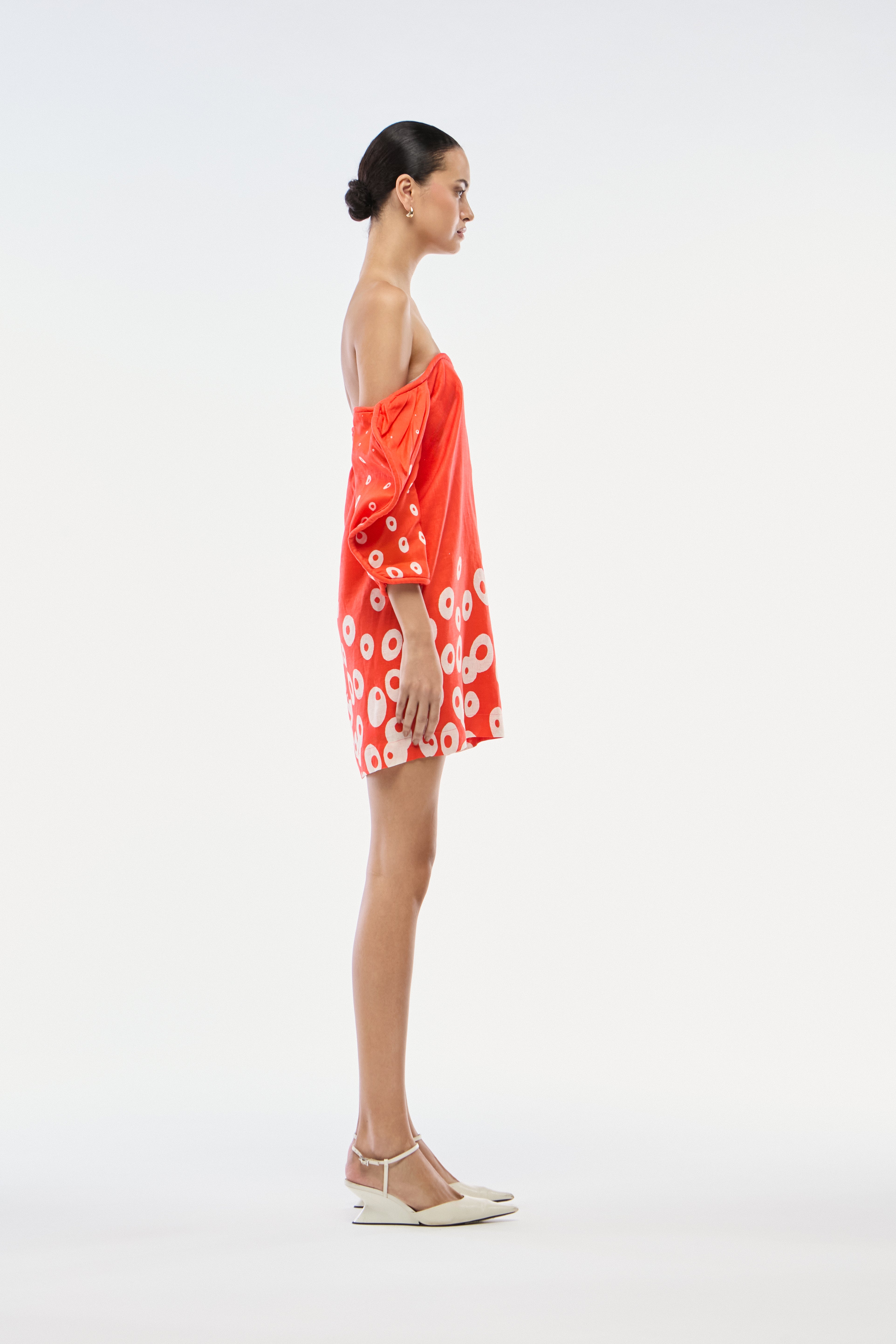 VESTIDO CURTO LINHO BOLHAS VERMELHO