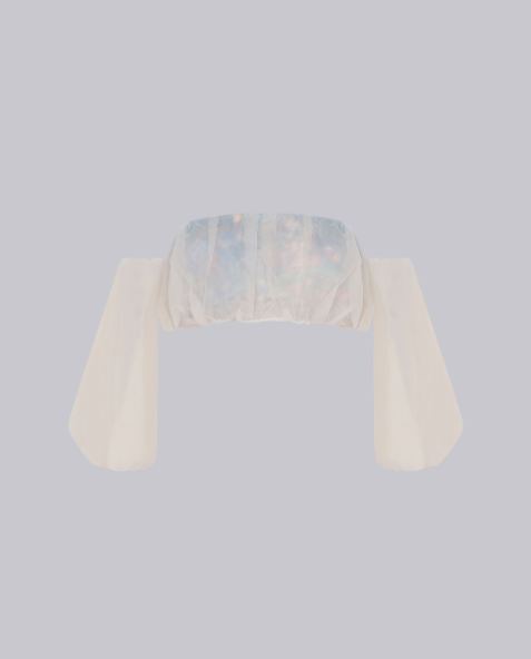 TOP MANGAS CROPPED ORGANZA OVO AZUL