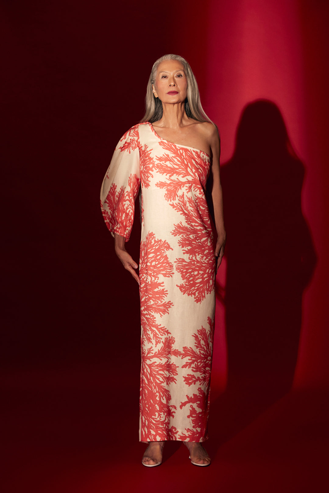 VESTIDO LONGO LINHO OMBRO SÓ CORAL