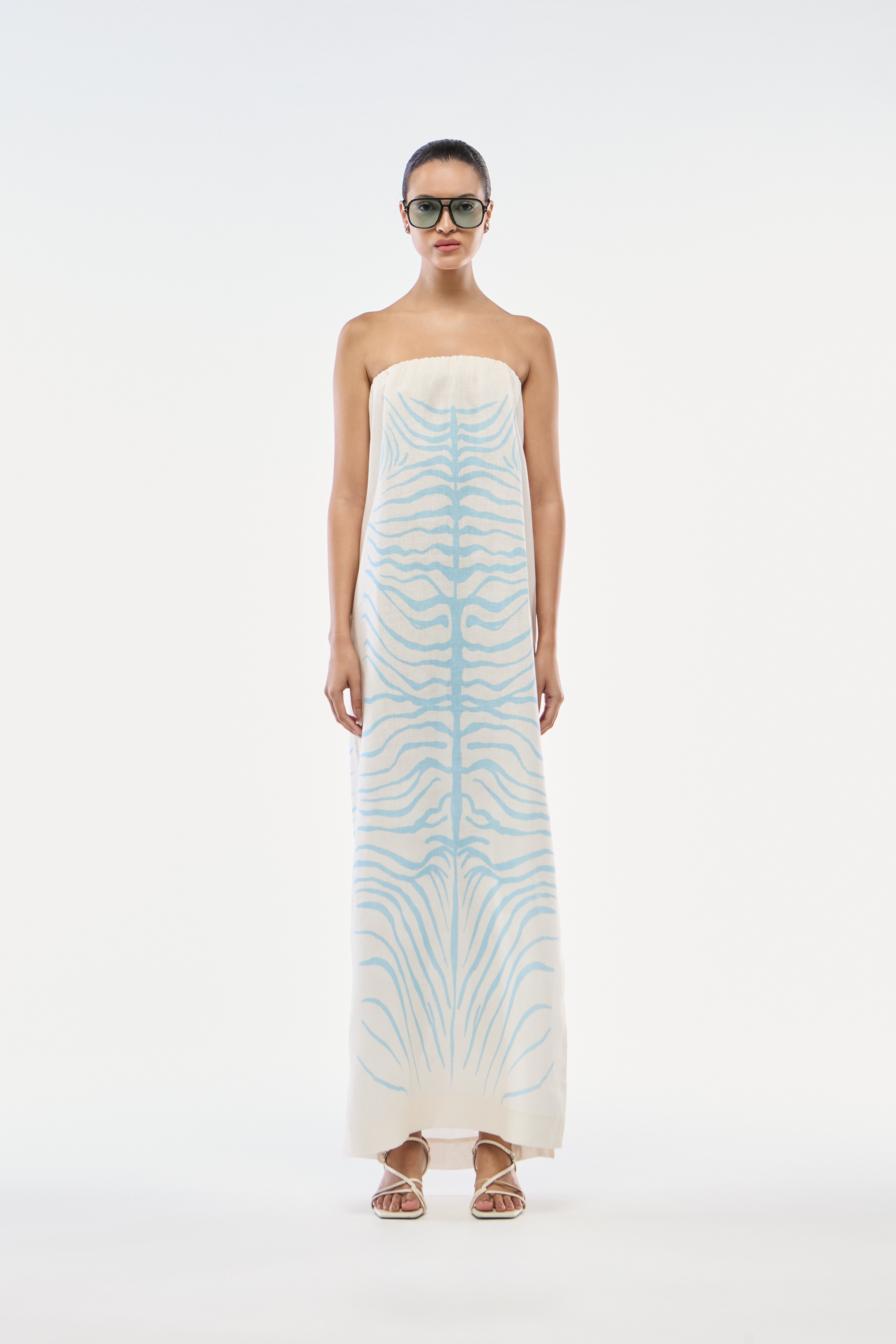 VESTIDO SEM ALÇA LINHO ZEBRA MONO AZUL SKY