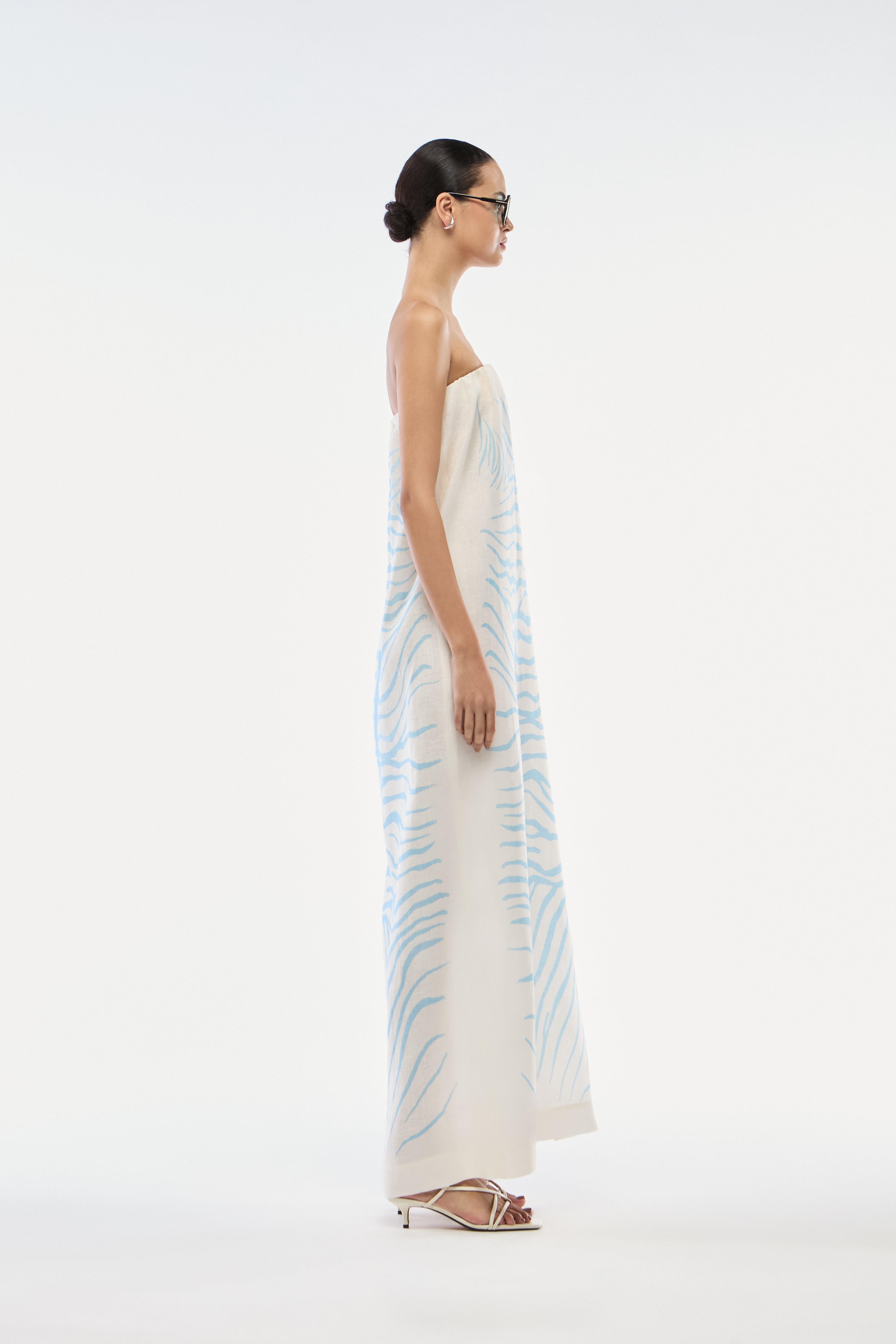 VESTIDO SEM ALÇA LINHO ZEBRA MONO AZUL SKY
