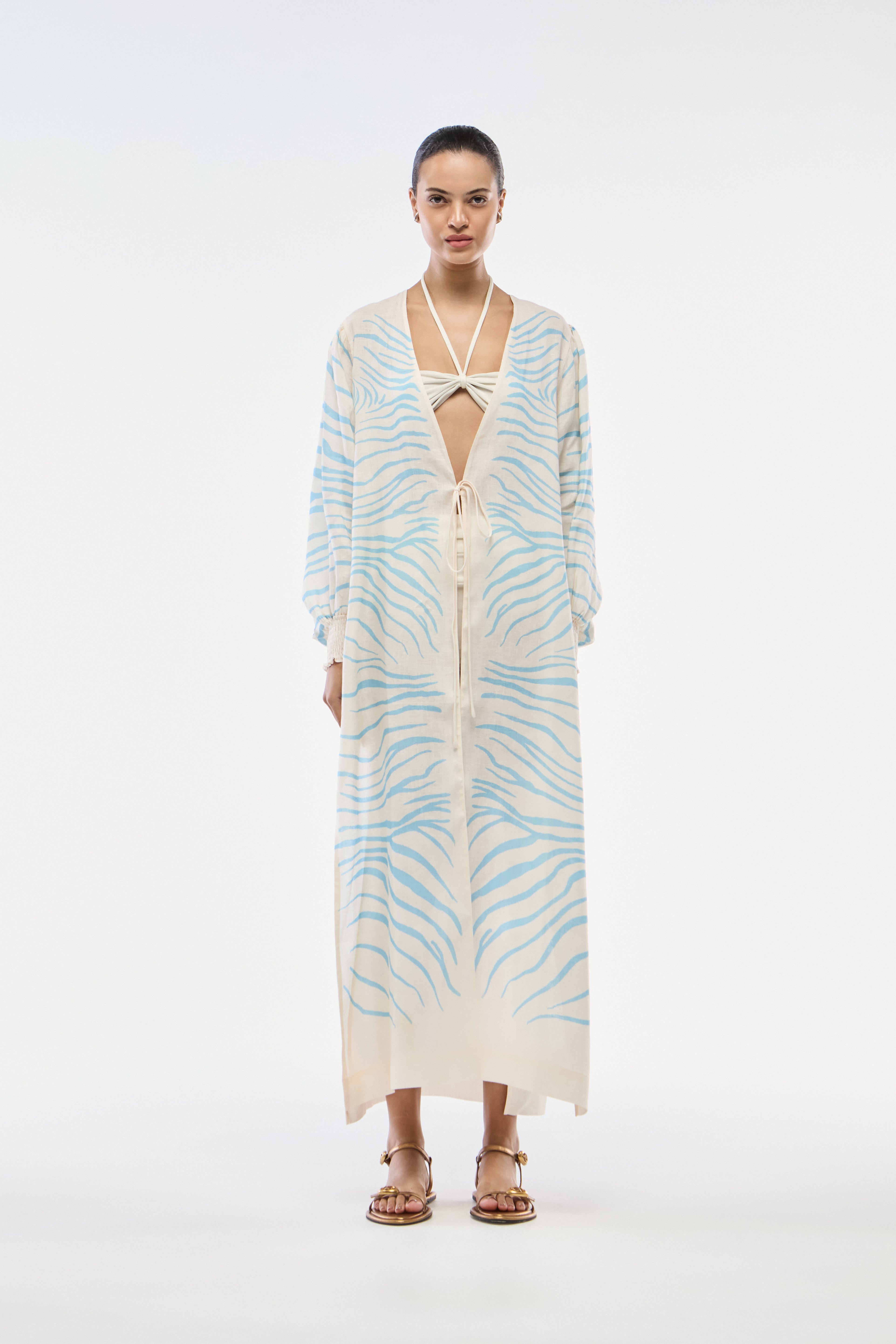 ROBE LONGO LINHO ZEBRA MONO AZUL SKY