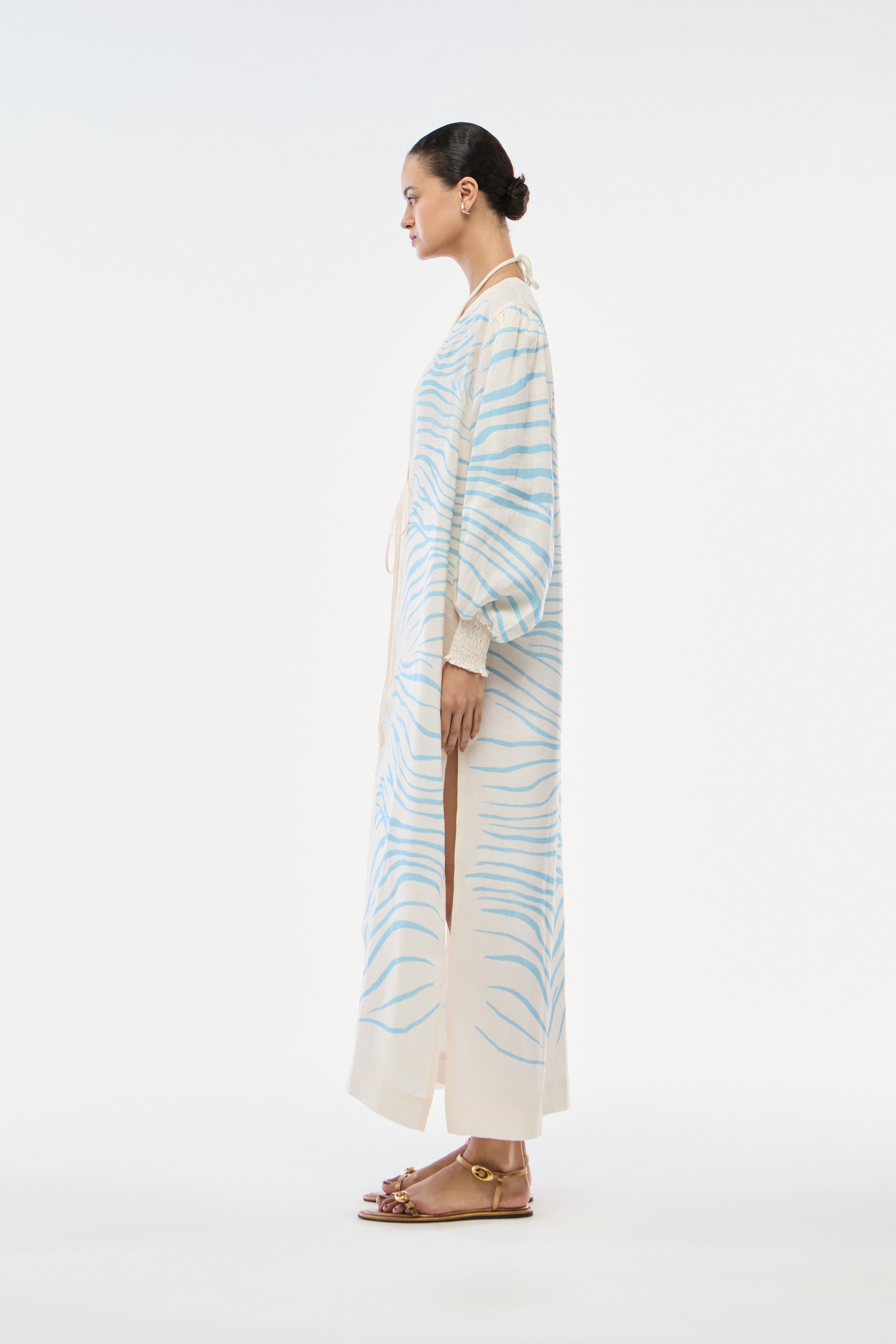 ROBE LONGO LINHO ZEBRA MONO AZUL SKY