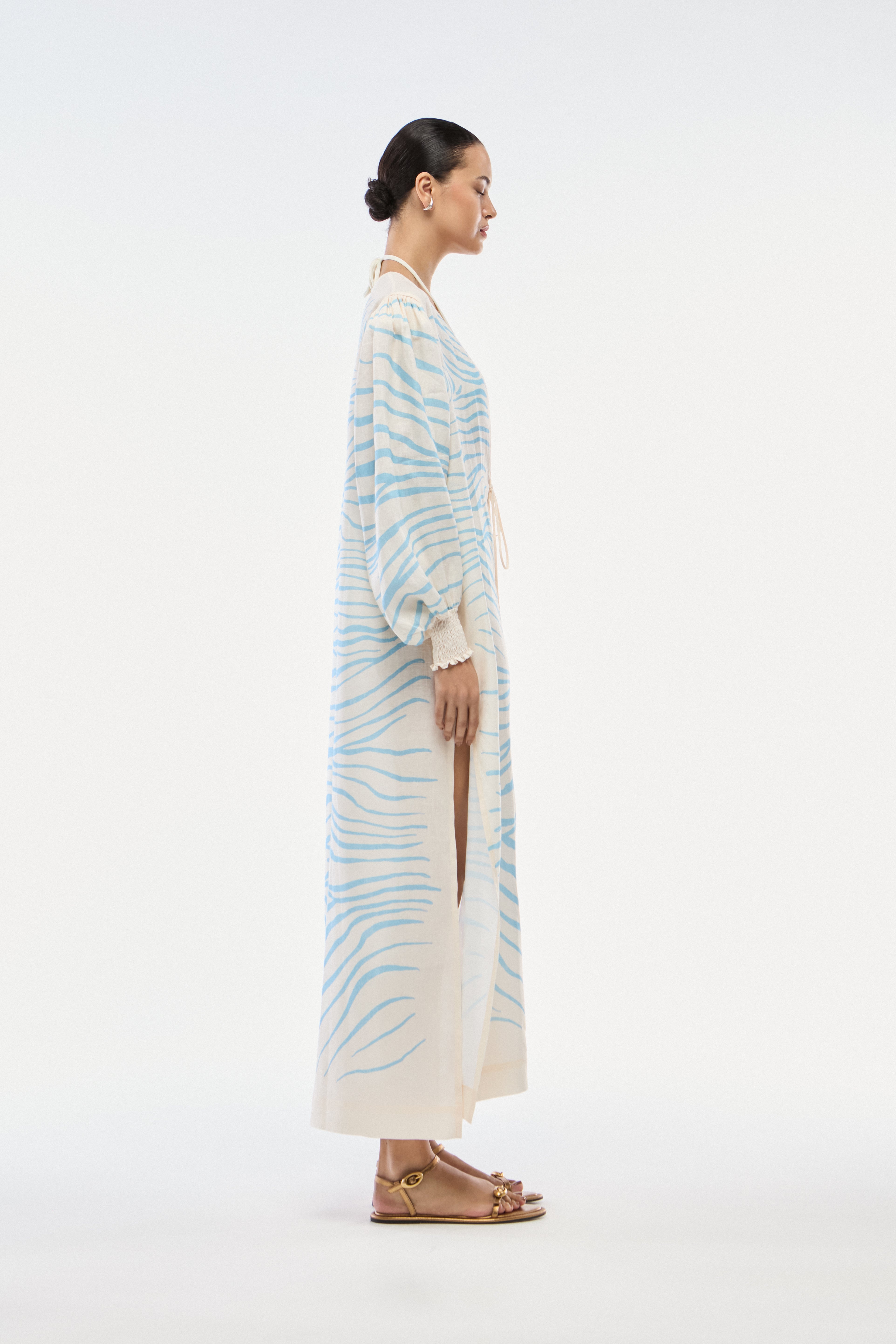 ROBE LONGO LINHO ZEBRA MONO AZUL SKY