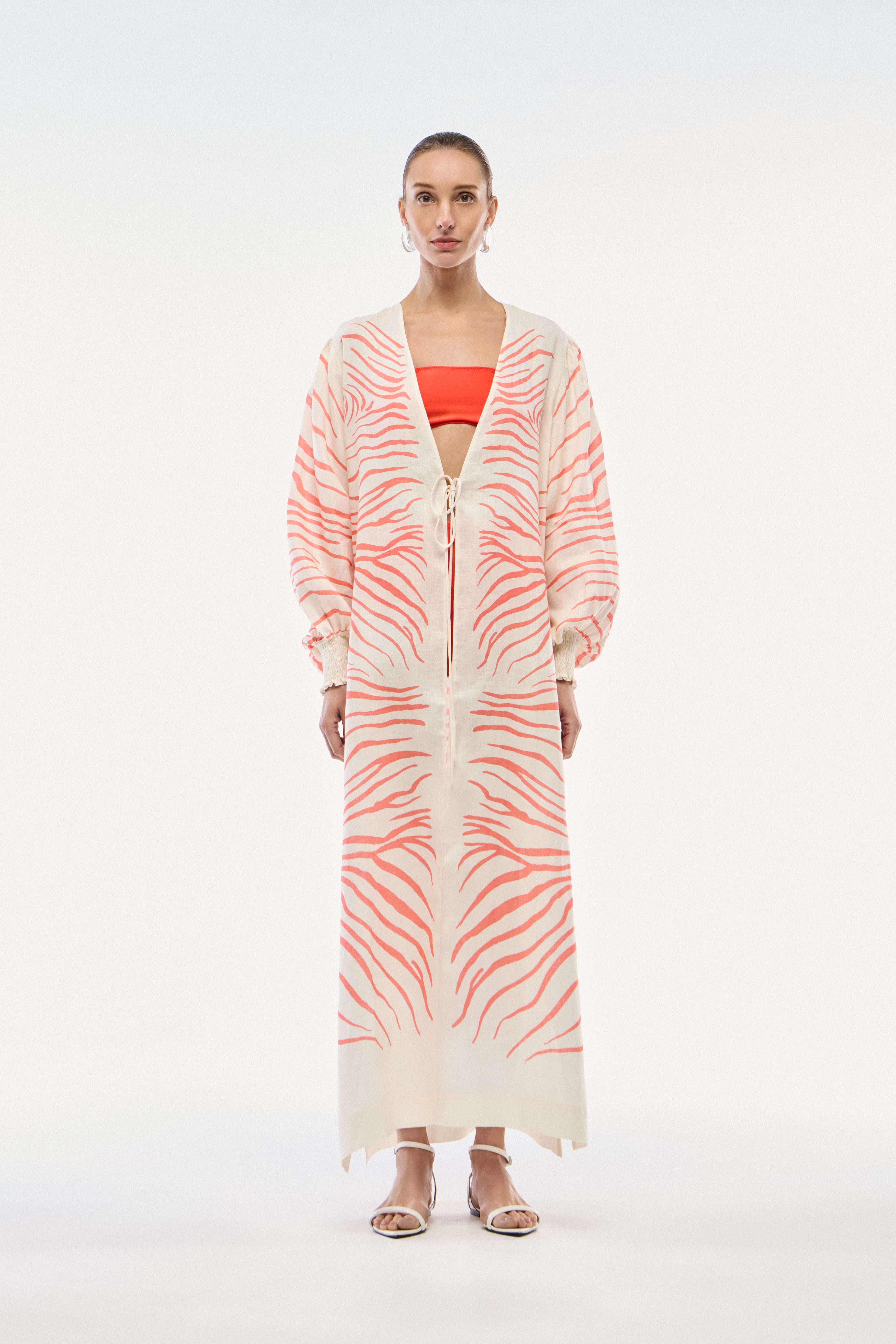 ROBE LONGO LINHO ZEBRA MONO VERMELHO