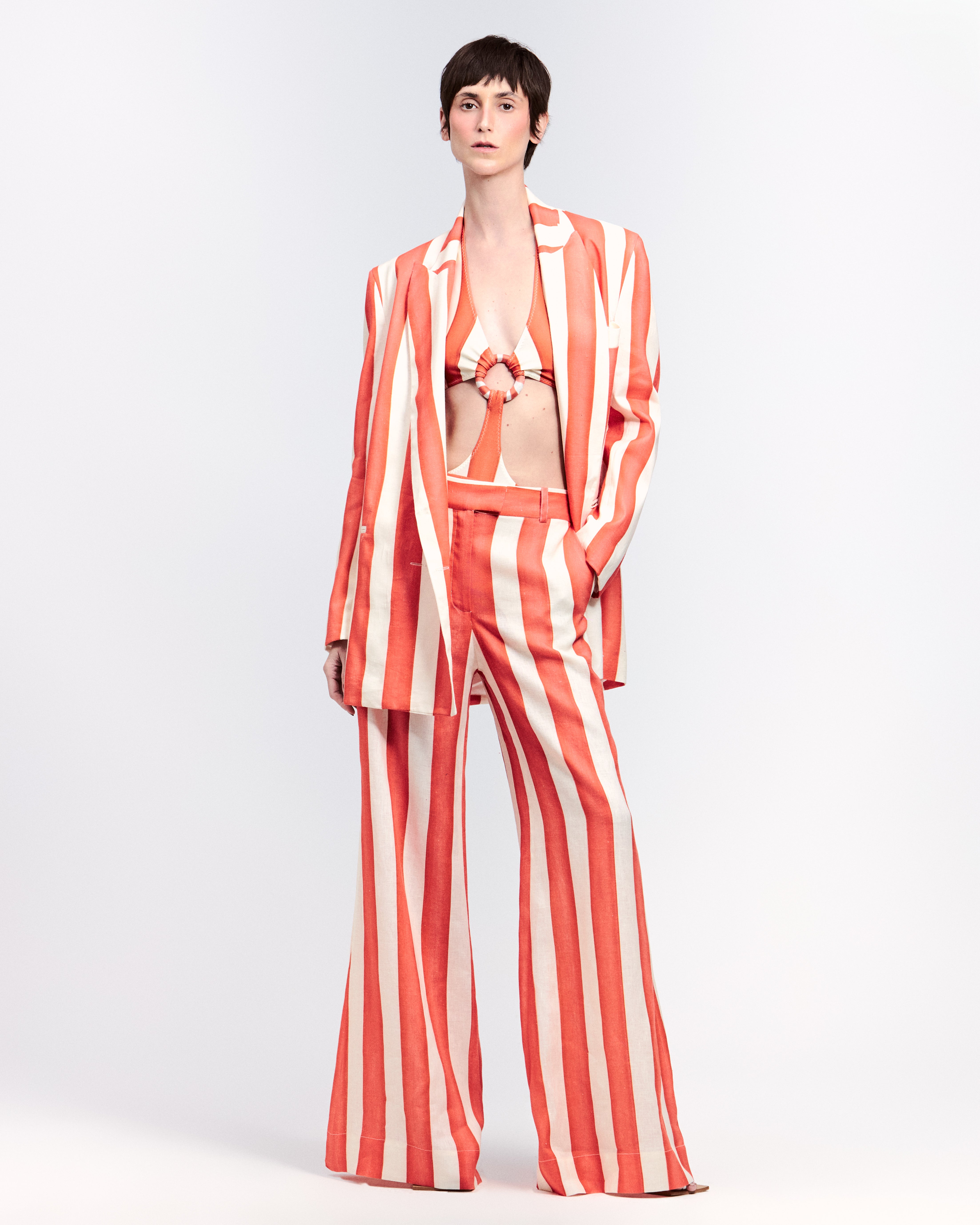 CALÇA PANTALONA DE LINHO LISTRAS LARANJA