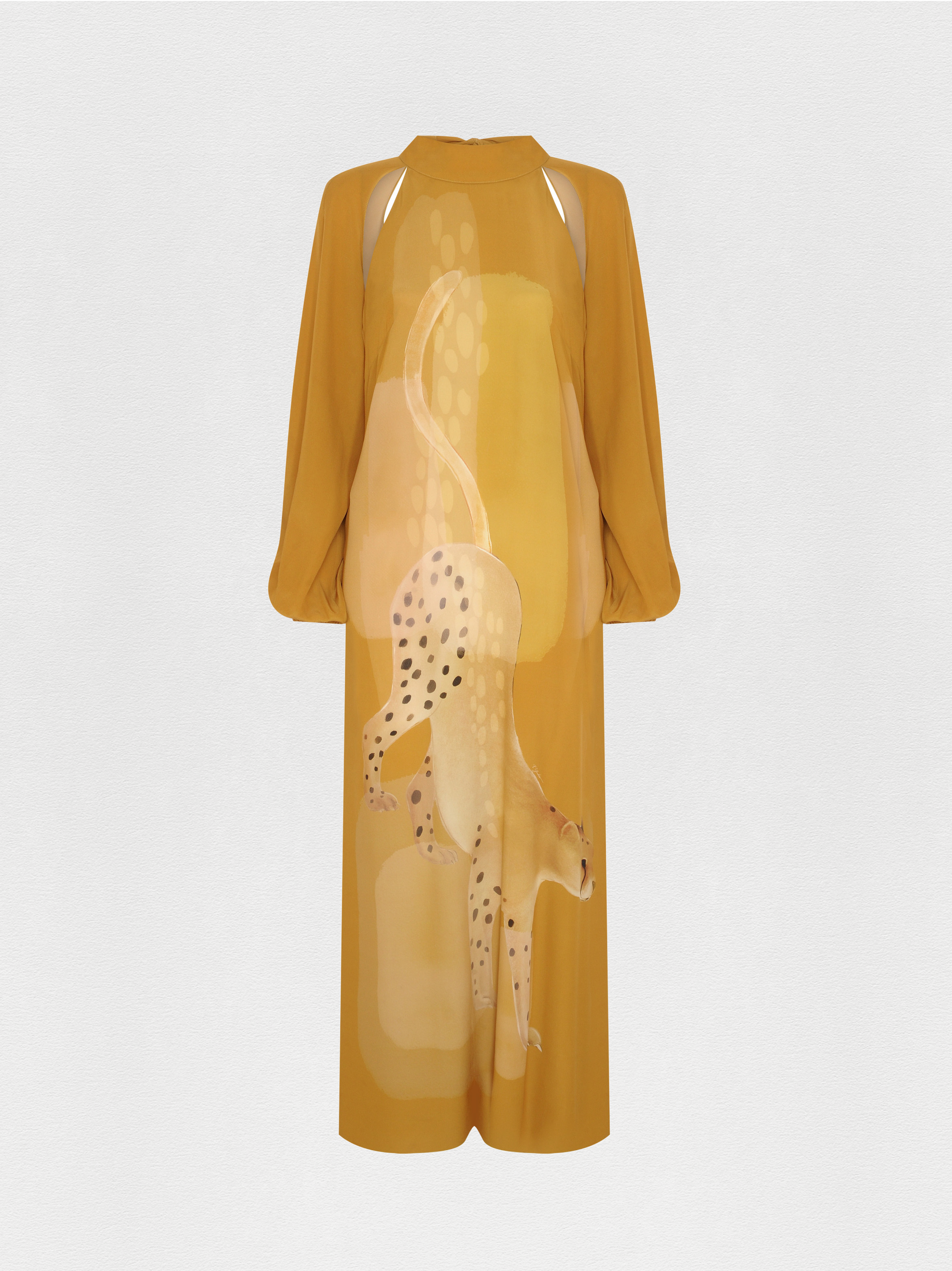 VESTIDO MANGA LONGA GEORGETTE GUEPARDO AMARELO