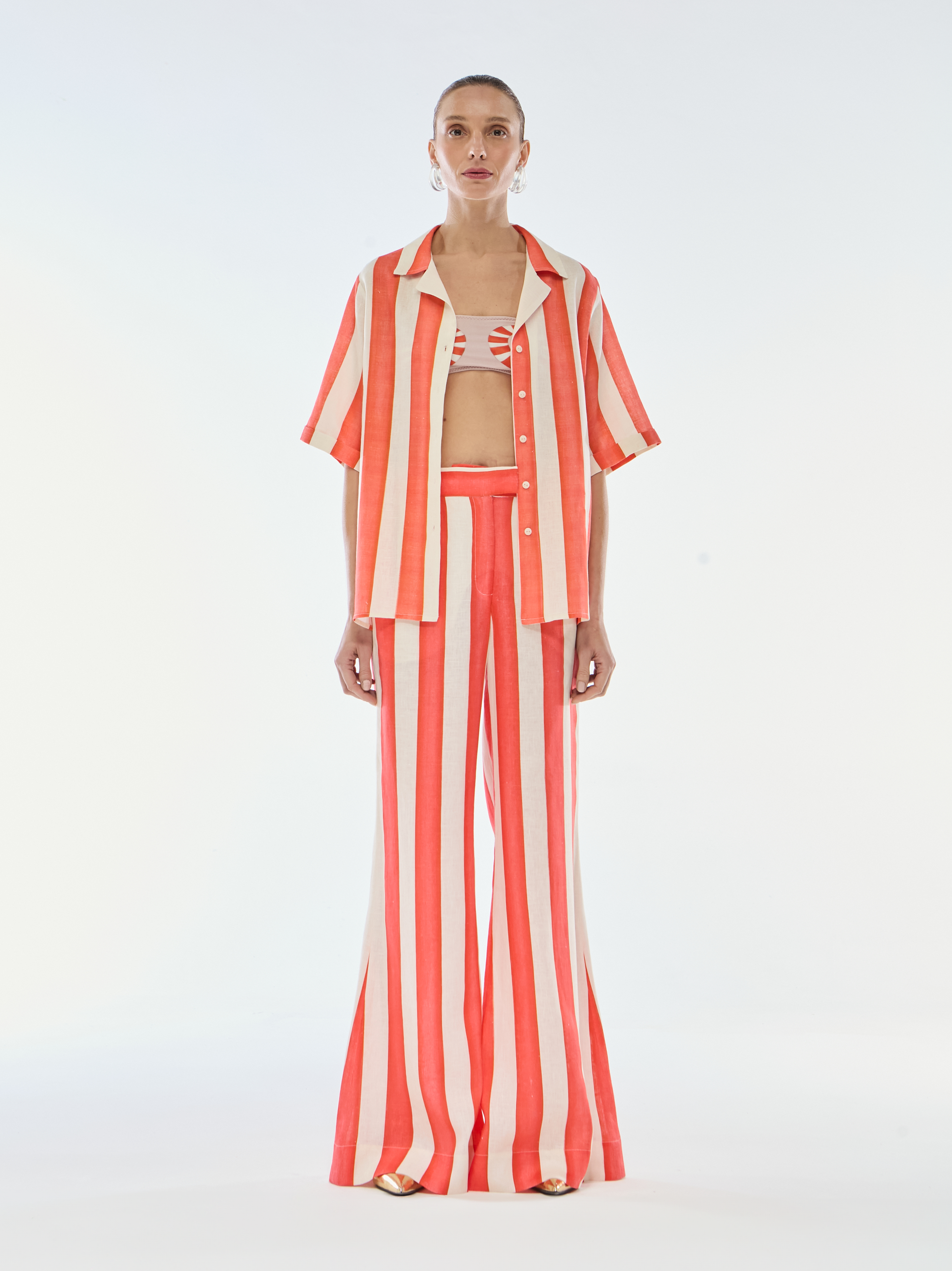 CALÇA PANTALONA DE LINHO LISTRAS LARANJA