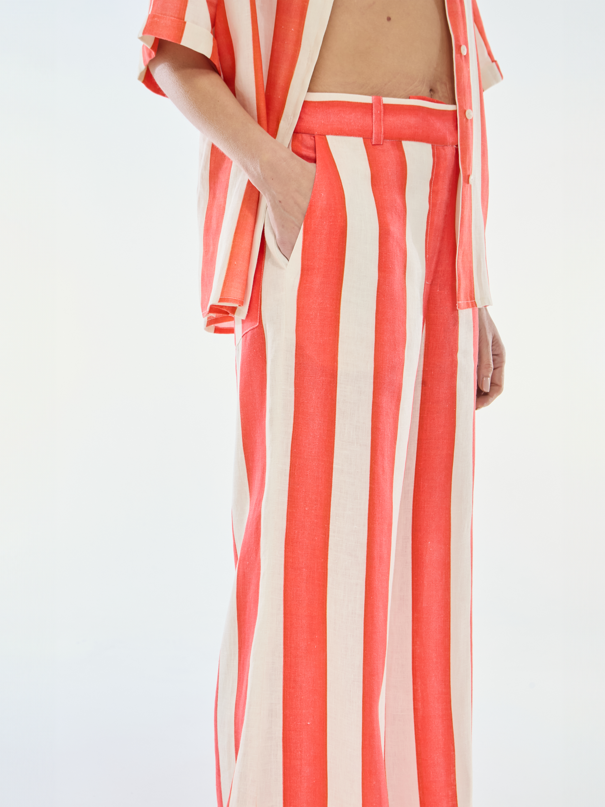 CALÇA PANTALONA DE LINHO LISTRAS LARANJA