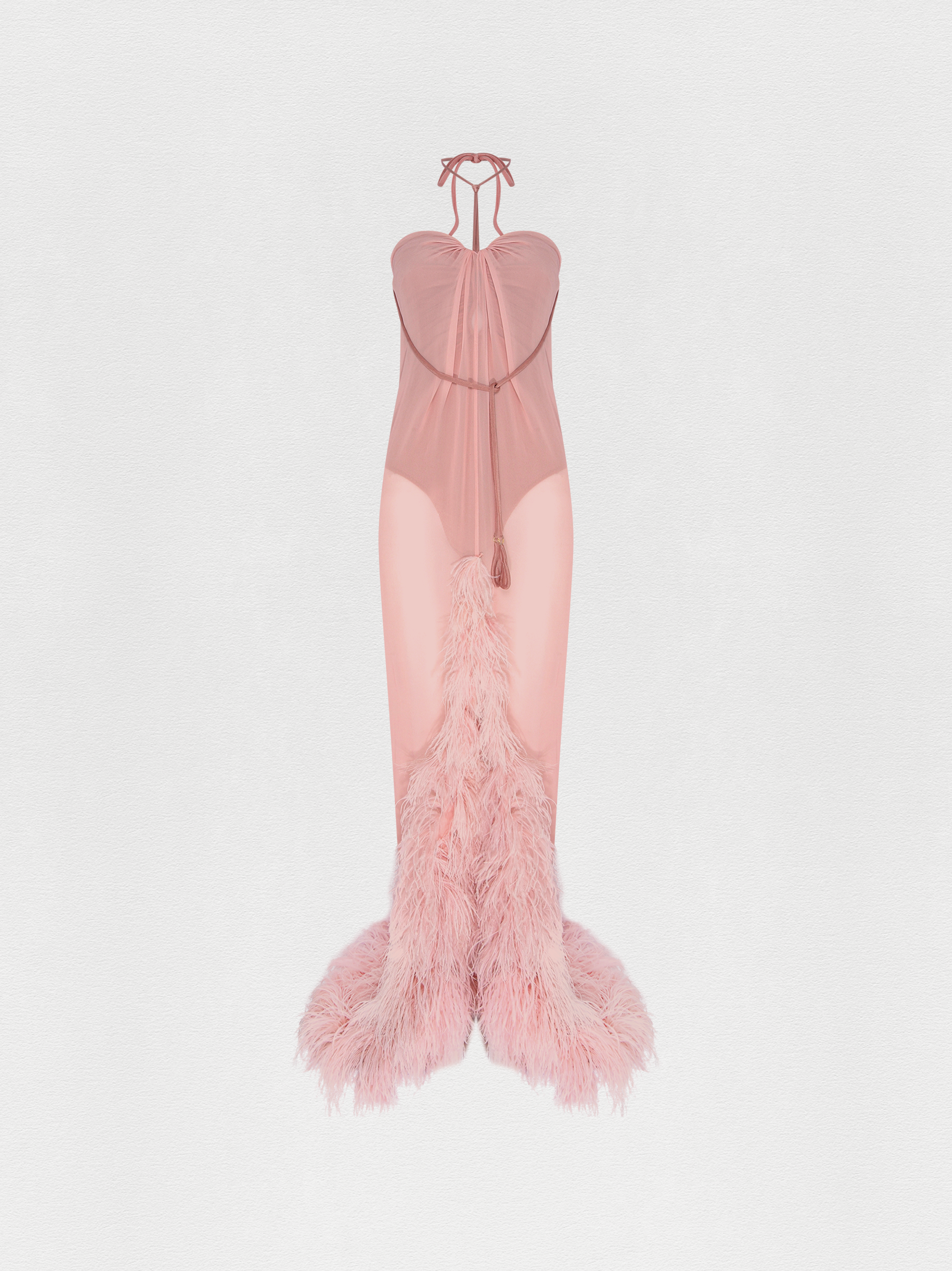 VESTIDO LONGO COM PLUMAS