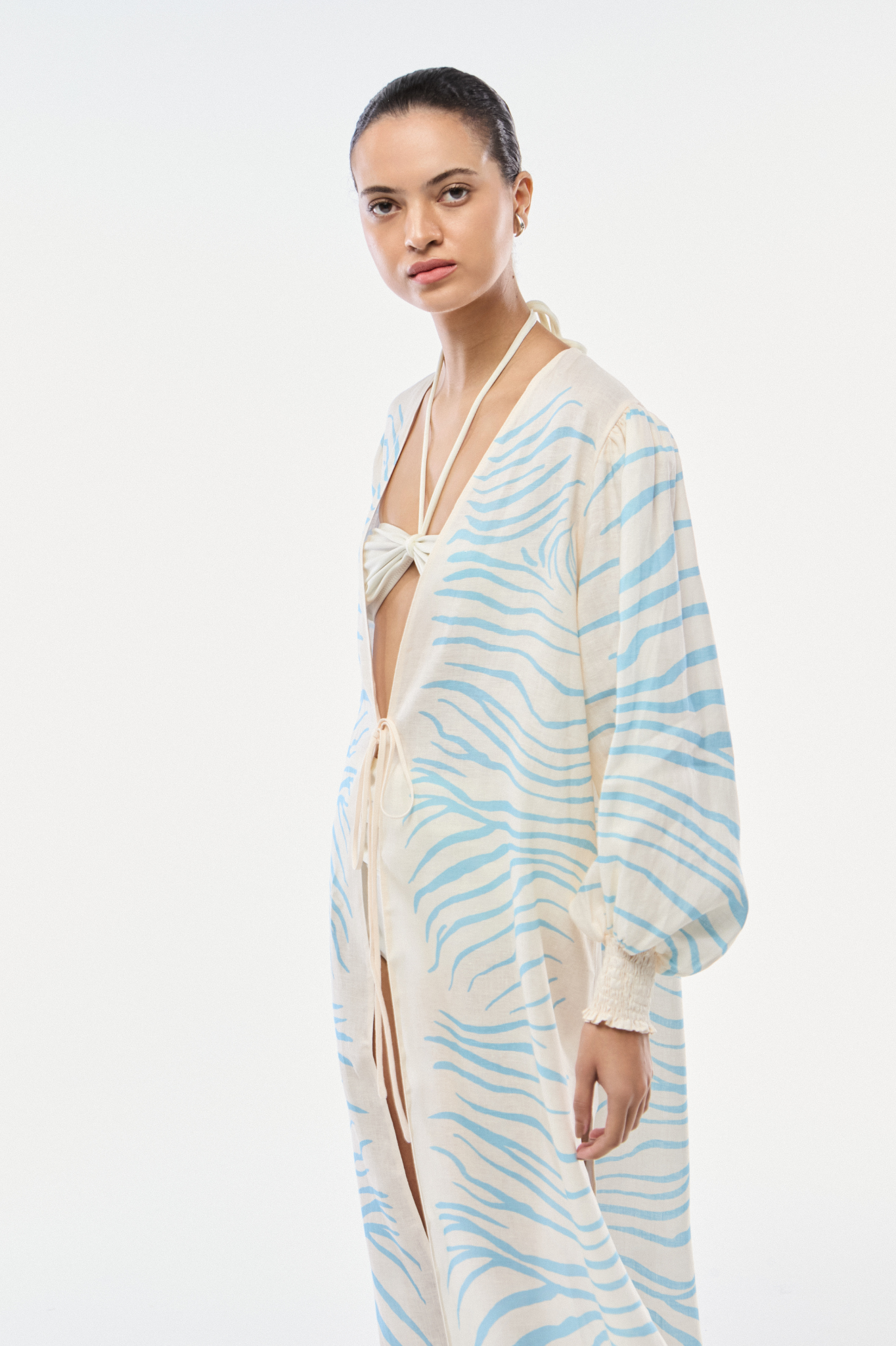 ROBE LONGO LINHO ZEBRA MONO AZUL SKY