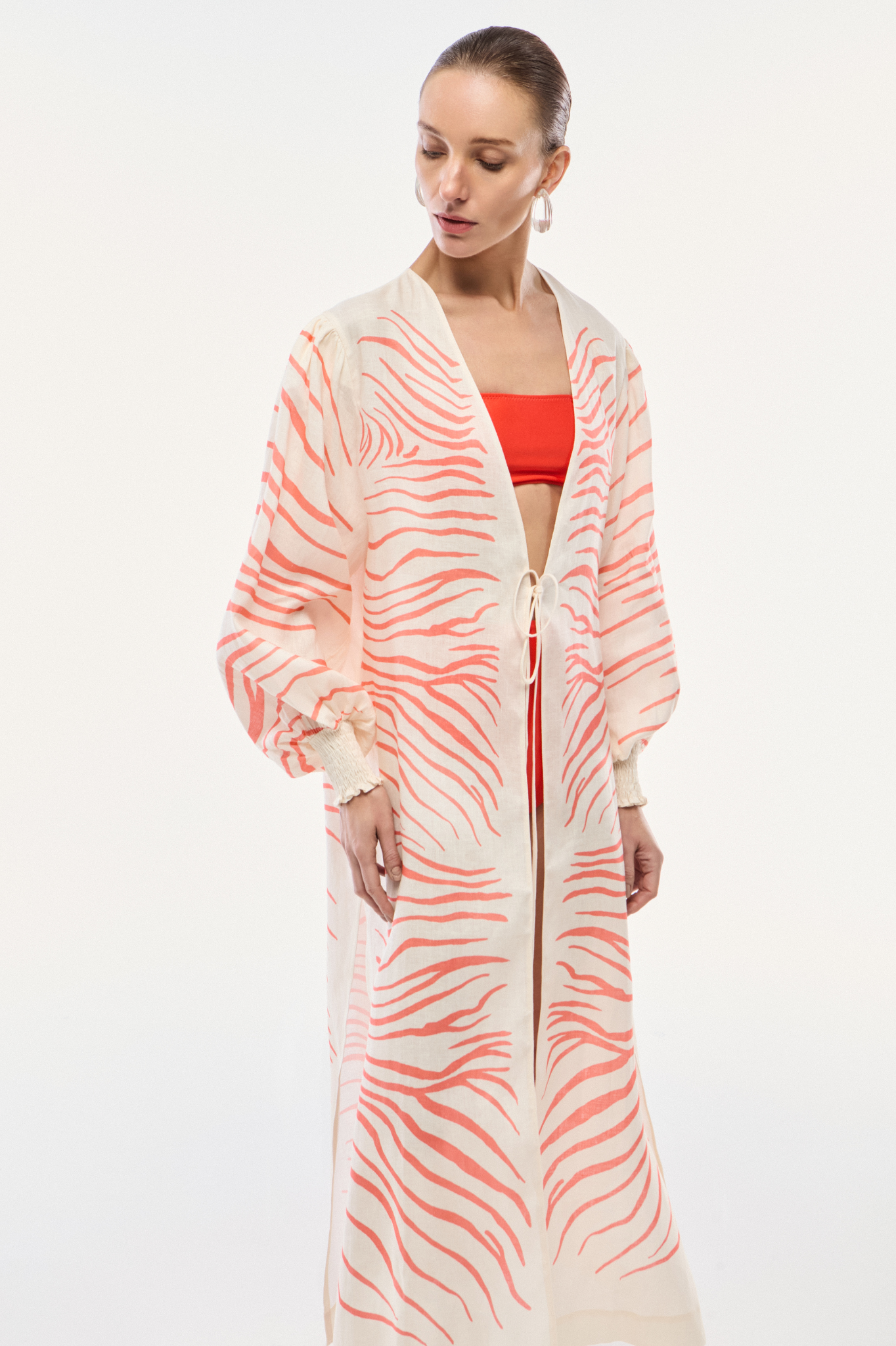 ROBE LONGO LINHO ZEBRA MONO VERMELHO