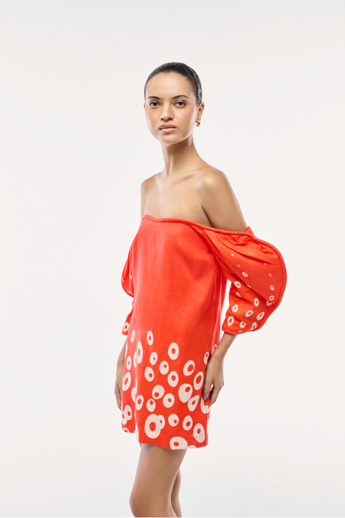 VESTIDO CURTO LINHO BOLHAS VERMELHO