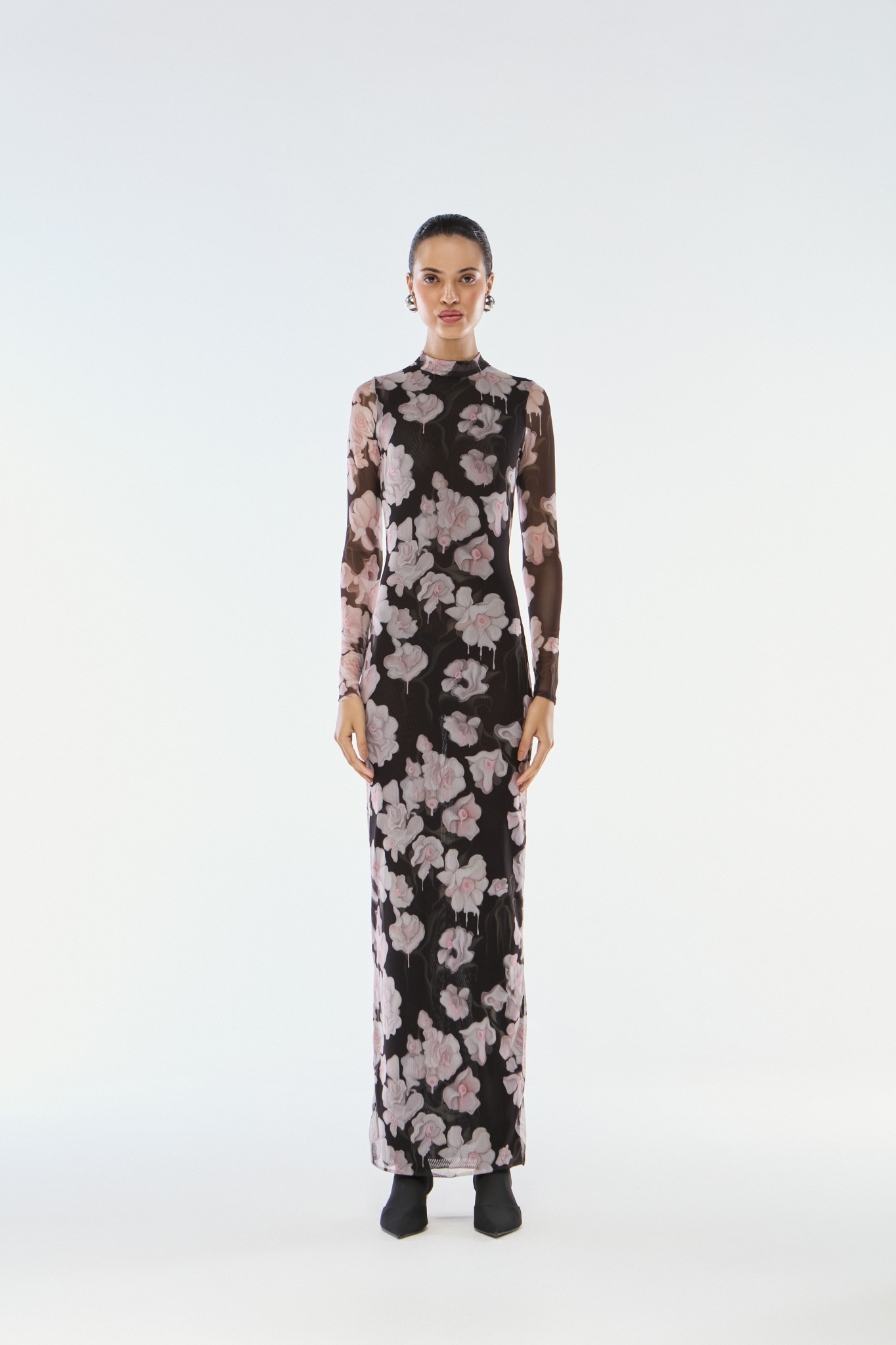 VESTIDO LONGO TULE FLOWER PRETO