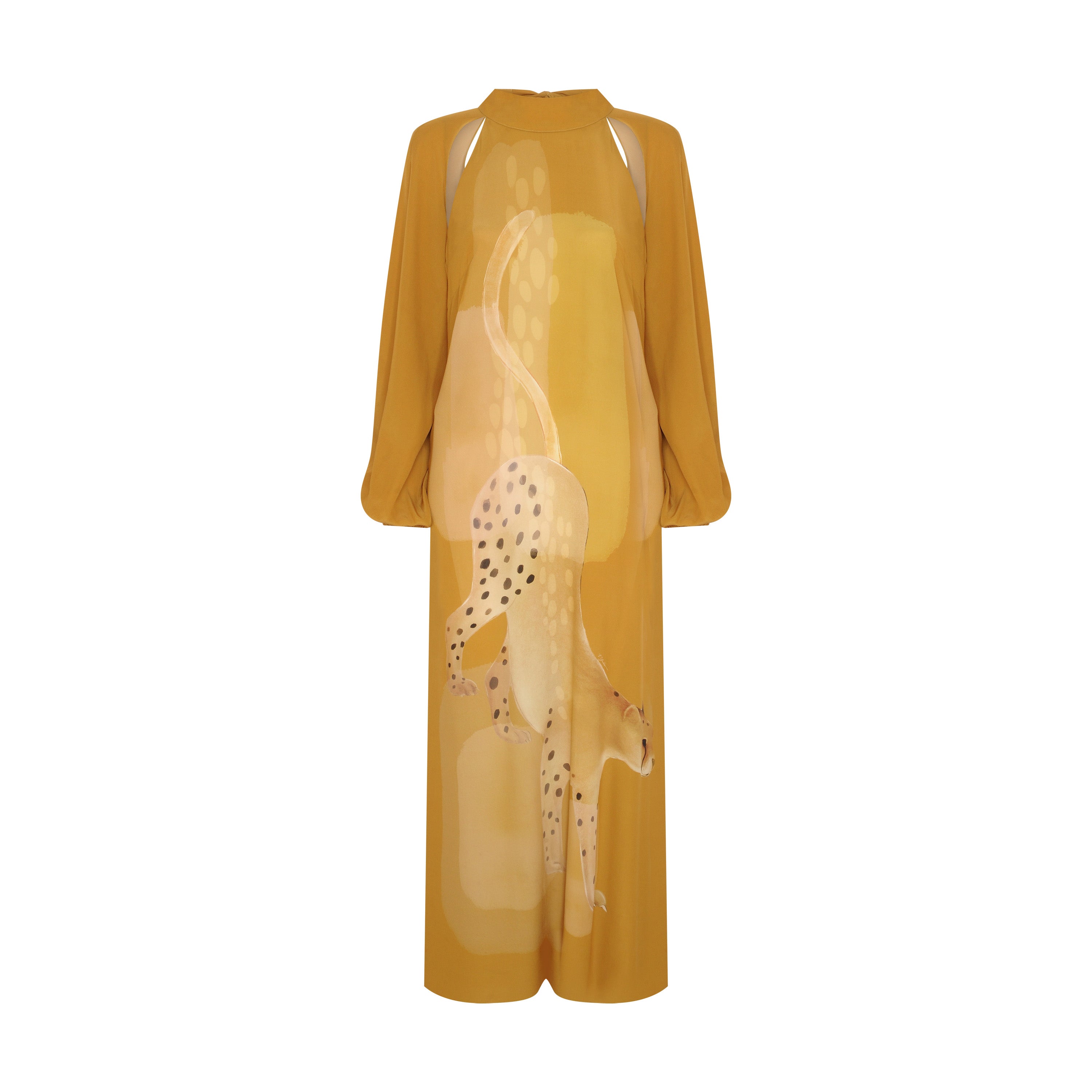 VESTIDO MANGA LONGA GEORGETTE GUEPARDO AMARELO
